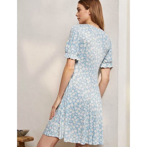 BODEN V-Neck Jersey Dress Dusty Blue Ditsy Prairie Floral Sz 12 Reg {3A16} - Picture 2 of 7